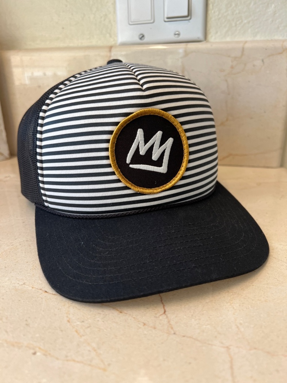 Mammoth mountain ski resort Black & White Trucker Hat with Gold Emblem
